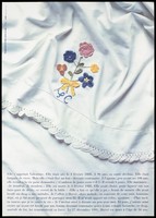 view White linen embroidered with a flower and the initials 'SC' with a letterpress narrative describing its role in protecting the artist from AIDS. Colour silk screen print after S. Calle, 1993.