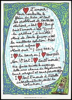 view A personified condom with a large speech bubble containing messages, interspersed with hearts, based on the idea that love is the solution to AIDS; surrounded by blue graphic symbols of Adam and Eve. Colour silk screen print after R. Combas, 1993.