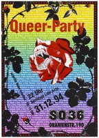view A red rose with an open mouth baring fangs at the centre, surrounded by blackened thorny rose leaves, representing a response to insults directed at homosexuals; an advertisement for a 'Queer-Party' on 31 December 1994 at S036 in Berlin. Colour lithograph.