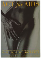 view A man's hand on the groin area of a naked woman's body; advertising an exhibition and auction of photographs in support of AIDS. Colour lithograph after Monika Robl, 1996.