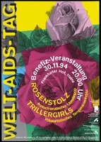 view Roses blocked out in different colours representing an advertisement for a benefit event in aid of World AIDS Day on 30 November 1994 at the Frankfurter Hof, Mainz. Colour lithograph by Potter.