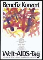 view A musical score against a background of painted red and yellow crosses; advertising a benefit concert in support of World AIDS Day on 1 December 1991 at the Kunsthalle, Bremen. Colour lithograph by Becker Repro Service.