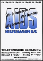 view The words 'AIDS Hilfe Hagen e.V.' with the telephone number of the helpline repeated along the top. Colour lithograph.