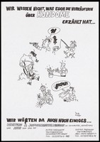 view Cartoon figures using condoms in a variety of different ways; advertising sexual advice services offered by youth health workers in Hagen and the AIDS-Hilfe Hagen e.V. Lithograph after Thilo Krapp.