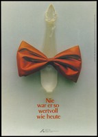 view A stretched condom wearing a red bow tie; advertising the AIDS-Hilfe Duisberg/Kreis Wesel e.V. Colour lithograph by Sandra Schweda.