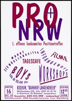 view The words "Pro + NRW" at the top and services offered at a meeting on October 16 1993 organized by the AIDS-Hilfe NRW. Colour lithograph, 1993.