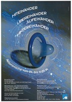 view A blue condom amidst white swirling lines against a grey background; advertising an AIDS prevention action week in Munich. Colour lithograph by Karl Bessinger and Grafix MUC, 1994.