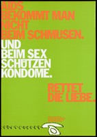 view A white telephone advertising AIDS counselling services offered by Health Authorities and voluntary organizations; with the message ''AIDS does come from cuddles". Colour lithograph by Papen, Hansen, 199-.