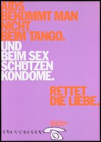 view A white telephone advertising AIDS counselling services offered by health authorities and voluntary organizations; with the message ''AIDS does not come from the tango". Colour lithograph by Papen, Hansen, 199-.