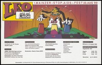 view A figure with an orange beak and a vest bearing the words 'Leo' moving three coloured cups around a green playing board bearing a skull, a pink heart and a clover leaf; an advertisement for the Mainz 'Stop AIDS' Festival on 23 August 1989 at the Kulturzentrum [Mainz], organised by the Landeszentrale für Gesundheitserziehung in Rheinland-Pfalz e.V. Colour lithograph by Klaus.