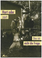 view A man tweaking the nipples of a bare-chested man hand-cuffed to a fence with another gay couple beyond; advertising safe sex. Colour lithograph by Jörg Mang and Trash Line Design for the Deutsche AIDS-Hilfe e.V.