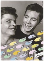 view Two young men smiling at each other; an advertisement by Deutsche AIDS-Hilfe e.V. Colour lithograph by Reinhard Lorenz and Wolfgang Mudra.