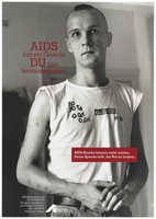 view A man with AIDS showing skin markings caused by the HIV virus on his arms and face; an appeal for donations by Deutsche AIDS-Hilfe e.V. Colour lithograph by Ines de Nil, 199-.