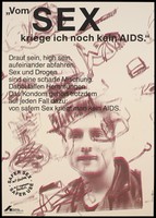 view The head of a man against a backdrop of doodles; representing safe sex as not transmitting the cause of AIDS; an advertisement for safe sex and use of drugs by Deutsche AIDS-Hilfe e.V. Colour lithograph by Peder Iblher.