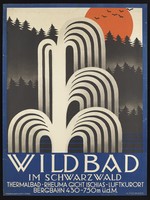 view Water-fountains, the Black Forest, and a red sunset, representing the health resort Wildbad im Schwarzwald (Baden-Württemberg). Colour lithograph after A. Fischinger, 192-.