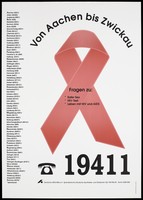 view The AIDS red ribbon with a list of AIDS helplines available in Germany; an advertisement by Deutsche AIDS-Hilfe e.V. Colour lithograph by Lucy Rüttgers.