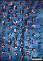 view Photographs of people with quotes from them about AIDS against a blue background bearing words 'krank' [sick] and 'AIDS'; an advertisement by DoRo for the German Health Ministry. Colour lithograph by kunterbunt gmbh, 1995.