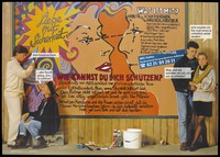 view Four young people next to a big poster providing safe sex advice, and discussing its message. Colour lithograph, 1988.