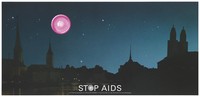 view Zürich by night with a pink condom as the moon. Colour lithograph by the Federal Office of Public Health.