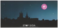 view Lausanne by night with a pink condom as the moon. Colour lithograph by Aide Suisse contre le SIDA in collaboration with the Federal Office of Public Health.