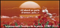 view A field of poppies and a white bra floating against a red sunset representing an advertisement for safe sex; French version of a series of 'Stop SIDA' [Stop AIDS] campaign posters by the Federal Office of Public Health , in collaboration with l'Aide Suisse contre le SIDA. Colour lithograph.