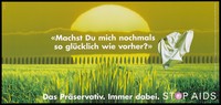 view A field of grass with a row of poplar trees and a pair of white boxer shorts floating against a yellow sunset representing an advertisement for safe sex; German version of a series of 'Stop SIDA' [Stop AIDS] campaign posters by the Federal Office of Public Health, in collaboration with the AIDS-Hilfe Schweiz. Colour lithograph.