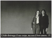 view A man and woman stand with their arms around each other against a blank wall with the message: 'AIDS destroys the body but not their love'; Italian version of a series of 'Stop AIDS' campaign posters by the Aiuto AIDS Svizzero in collaboration with the Federal Office of Public Health. Lithograph by Christian Vogt.