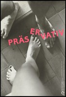 view The feet of a man and woman standing on a tiled floor with the word 'Präservativ' (condom)across the centre in red; advertising safe sex. Colour lithograph by Ursula Knecht for AIDS-Hilfe Schweiz.