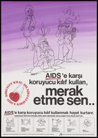 view A man sits on a stone looking miserable as he looks up at a broken heart above his head; another man sings with a microphone as a woman holding a handbag looks back; with diagrams on how AIDS is not contracted; an advertisement for safe sex by the Office of Federal Health and Swiss AIDS Foundation. Colour lithograph by Birez [?].