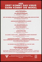 view A schedule of events including films, public discussions and theatre about AIDS on show between 1987 and 1988 by the Österreichische AIDS-Hilfe. Colour lithograph by Josef Neuf Gesellschaft m.b.H., 1988 [?].