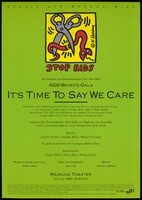 view A pair of grey scissors with figures as handles cutting through a red serpent with the words 'Stop AIDS', an illustration by Keith Haring representing an advertisement for an AIDS-Benefit gala entitled 'It's Time To Say We Care' at the Raimund Theatre, Vienna on 27 June 1989 by the Sam Cole Company. Colour lithograph by Ogilvy and Mather Medical.