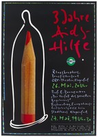 view A red pencil standing vertical within a white line-drawn condom representing an advertisement for a benefit concert by the Bluesbreakers in Klagenfurt, Austria, to mark 3 years of AIDS-Hilfe in Austria. Colour lithograph, 1986 [?].