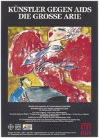 view A woman in a red dress with puffed sleeves sings beside a pianist representing an advertisement for a benefit concert entitled 'Artists against AIDS. The Big Aria' to support Österreichische AIDS-Hilfe at the Schubertsaal Wiener concert hall in Vienna on 24 October 1987. Colour lithograph.