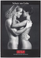 view A naked man with shoulder-length blond wavy hair embraces a naked woman with the message in German: 'Protection from love. Let us give AIDS no chance'; an advertisement for safe sex by the Österreichische AIDS-Hilfe. Colour lithograph by Ogilvy & Mather Medical and Peter Baumann of Hollywood Ges. m.b.H.