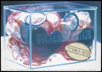 view A transparent blue box filled with condoms and labelled 'Wochenendration' [weekend ration]; an advertisement for safe sex by the AIDS-Hilfe with telephone number. Colour lithograph by Peter Matha and Reinhard Eberhart, 1993.