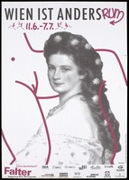 view A stippled impression of a woman with long hair decorated with flowers wearing an off-the- shoulder gown and pearls sitting between the pink line drawn legs of a woman; with the statement 'Vienna is the other way'; an advertisement for a gay event from 11 June to 7 July [199-] in Vienna [?] organised by sieben zu eins Kulturkontor. Colour lithograph.