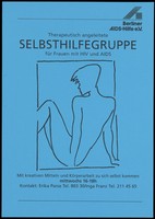 view The line drawn back view of a woman representing an advertisement for a therapeutic self-help group for women with HIV and AIDS by the Berliner AIDS-Hilfe. Colour lithograph, ca. 1996.