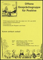 view Two men sit in discussion top right with a further group of cartoon male figures at the bottom sit chatting around a small coffee table adorned with cups and a teapot by Rob [?]; an advertisement for an open discussion group for those living with HIV and AIDS mentored by Arnd Bächler (gay counseling) and Stefan Cremer (HIV e.V.). Photocopy, 1994.