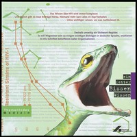 view A snake poised to bite; representing a mouthful of knowledge about AIDS through publications by the Deutsche AIDS-Hilfe. Colour lithograph by E. Hüskes, 1995.