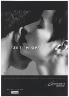 view A woman whispers into the ear of a man 'Turn it on' with an AIDS helpline; a safe sex advertisement in a collaboration with Leona Detiège, Flemish Minister of Employment and Social Affairs and the condom makers, Durex. Lithograph by VVL/BBDO, ca. 1995.