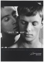 view A man whispers into the ear of another man 'Turn it on' with an AIDS helpline; a safe sex advertisement in a collaboration with Leona Detiège, Flemish Minister of Employment and Social Affairs and the condom makers, Durex. Lithograph by VVL/BBDO, ca. 1995.