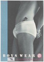 view The side profile of a man wearing white Calvin Klein briefs with an 'Easy' condom packet tucked inside the top edge, the words 'boys wear' and a pink condom; ; advertising safe sex. Colour lithograph by Lydia van Marissing and Kees Ruyter, 1994 for the SAD Schorerstichting.