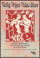 view Two naked gay men within a window surrounded by flowers; an illustration by Eddy Varekamp representing an advertisement for a safe sex video show by the 'Het AIDS Team'. Colour lithograph designed by Jan van Bostraeten, ca. 1995.