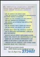 view A message in Galician about what to do if you have HIV by the Comité Cidadán Galego Anti-SIDA de Santiago. Colour lithograph, ca. 1996.