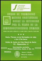 view An enlarged view of the HIV virus with information in Spanish about a medical education course on HIV by the Spanish Interdisciplinary AIDS Society held on 19 November 1993 at the Salon de Actos de Caja Rural in Soria, Spain. Colour lithograph, 1993.