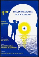 view A blue silhouette figure stands with one arm resting on a cave wall, the other behind his head as he looks out at a sunset across the sea in the form of a blue target with a yellow surround; an advertisement for the 1st meeting about Andalucian AIDS and Society on 2 December 1989, a collaboration by the Civic Committee of Anti-AIDS Granada and the Andalusian School of Public Health. Colour lithograph. 1989.