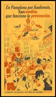 view A safe sex fiesta in Pamplona featuring numerous cavorting couples, some holding condoms including a bishop who appears to float on a cloud from which fly bat-like creatures; issued by the Comision Ciudadana Anti-SIDA de Navarra. Colour lithograph, ca. 1997.