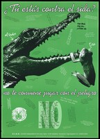 view A frog representing 'tu' [you] clings on to the wide-open jaws of a small crocodile representing 'el SIDA' [AIDS]; with numerous surrounding AIDS-related messages in Spanish and English; an advertisement by the C.I.A.S. (Comité Independiente Anti-SIDI. Colour lithograph, ca. 1996.