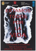 view Two hands meet, one elongated within an image with bleached edges representing an advertisement for an exhibition entitled 'We are all for life' held on September 17 to 28 October 1993 at the Exhibit Hall in the Town Hall of Alicante. Colour lithograph by Sanier [?], 1993.
