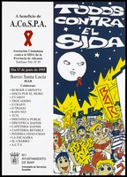 view A crowd of people in a star-studded night sky featuring a personified moon wearing the AIDS red ribbon with the message in Spanish 'All against AIDS' and the signs 'Pub' and 'Bar'; an advertisement for an AIDS benefit evening on 17 June 1995 at the Santa Lucía bar [in Biar?] by the A.Co.S.P.A. (Asociación Ciudadana contra el SIDA de la Provincia de Alicante. Colour lithograph, 1995.